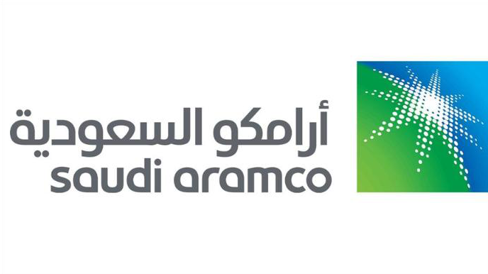 Logo of Saudi Aramco featuring Arabic and English text with a starburst design in green and blue.